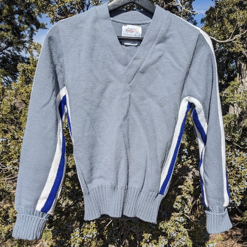 Vintage 70s Cheerleading Varsity Sweater 34 XS‎ Gray Blue Striped V Neck Cheer